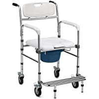 COSTWAY Silla de WC con Ruedas Silla de Baño Altura Ajustable con Reposapiés Silla Orinal Carga hasta 100kg Silla de…